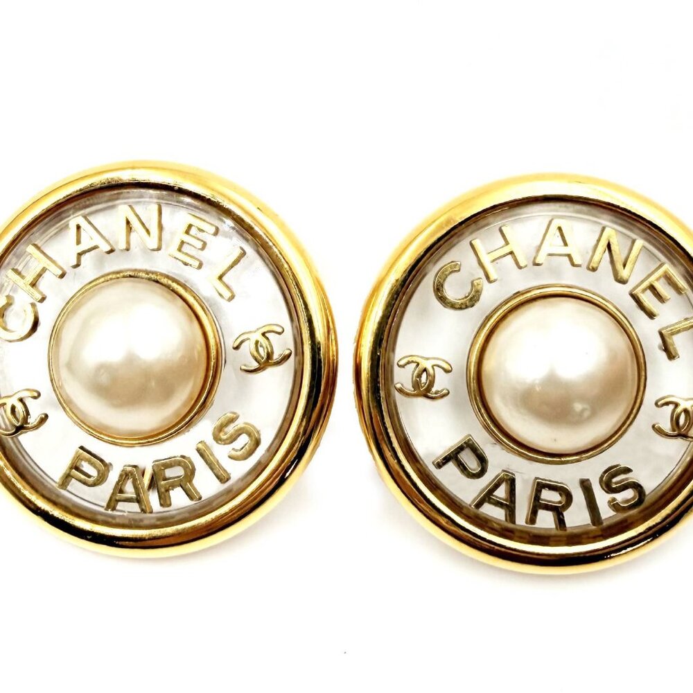Chanel Rare Vintage Gold Plated CC Letter Pearl Clear Rim XXL Clip Earrings